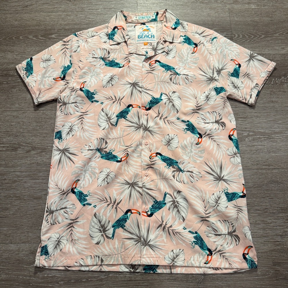 Good Vibes Shirt Mens Small Pink Toucan Bird Life Is A Beach Hawaiian Camp Adult